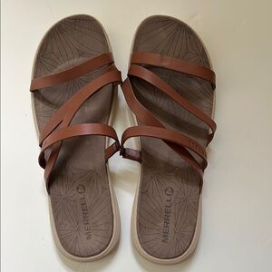 Merrell Women's Tan Strappy Sandals-Oak Duskair Seaway Slide leather